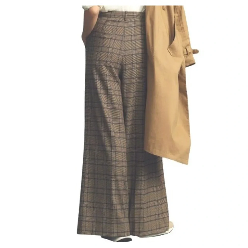 Anthropologie Maeve Womens XL Brown Plaid Pleated Wide Leg Trousers